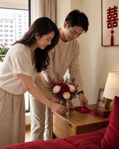 两人一起布置红色婚房