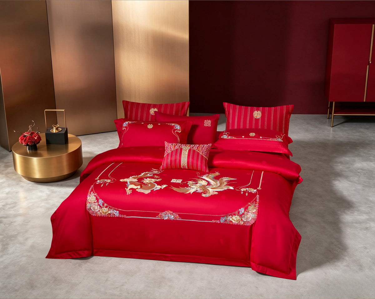 QiCai Home MS50190 red wedding bedding with gold dragon and phoenix embroidery